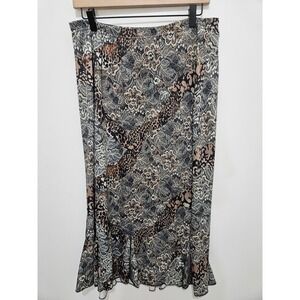 Miss Ashley Mixed Leopard Floral Lace Print Midi Skirt Ruffle Hem Brown Tan M